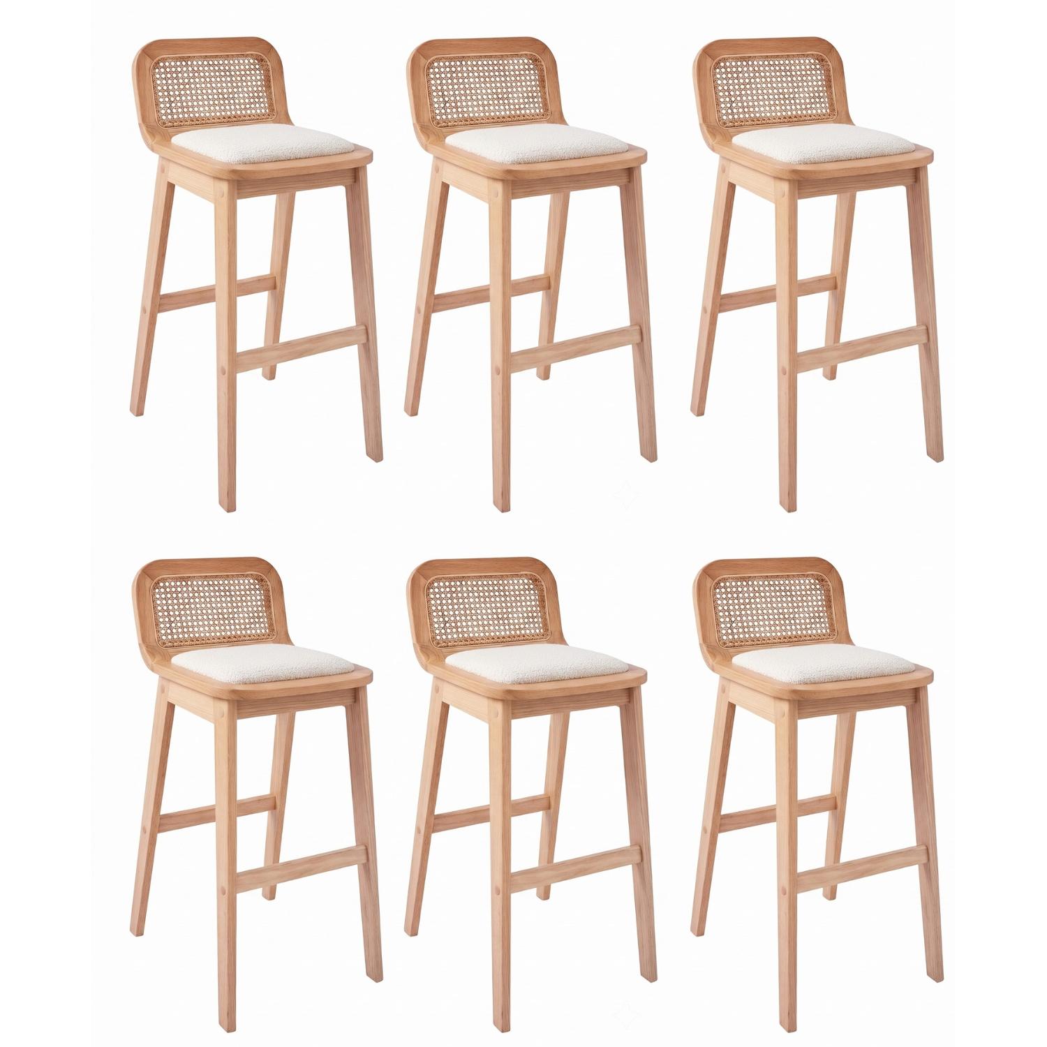 Lot de chaises d'îlot et bar en chêne, assise tissu velours et dossier cannage H65cm