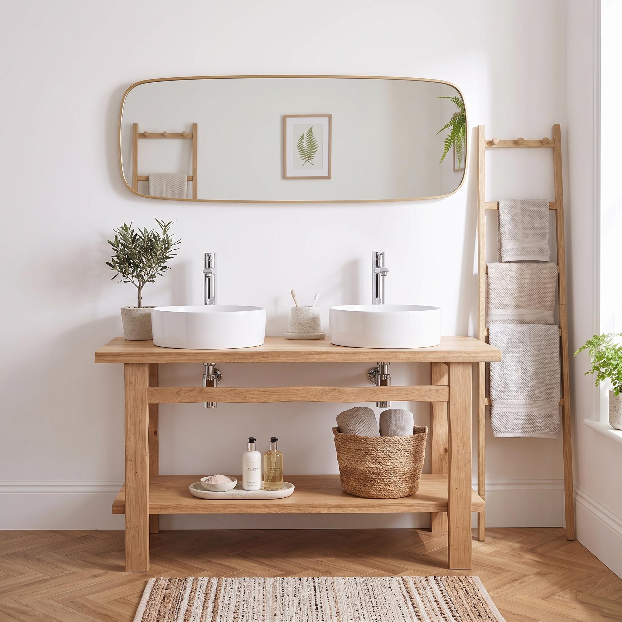Meuble double vasque sur pieds 140cm en chêne massif esprit établi - sans vasque