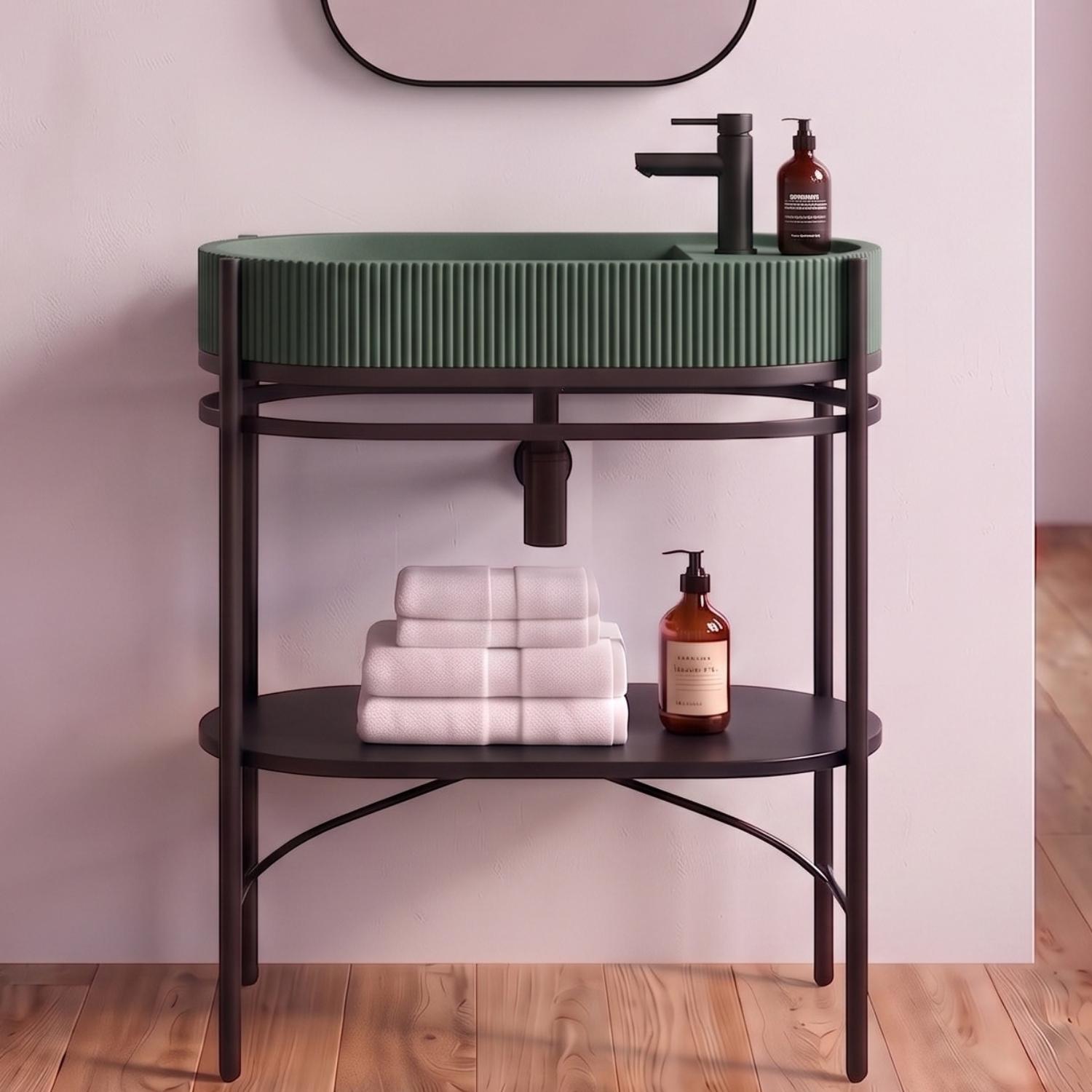 Meuble simple vasque sur pieds 80cm en métal noir et vasque béton  et robinet noir