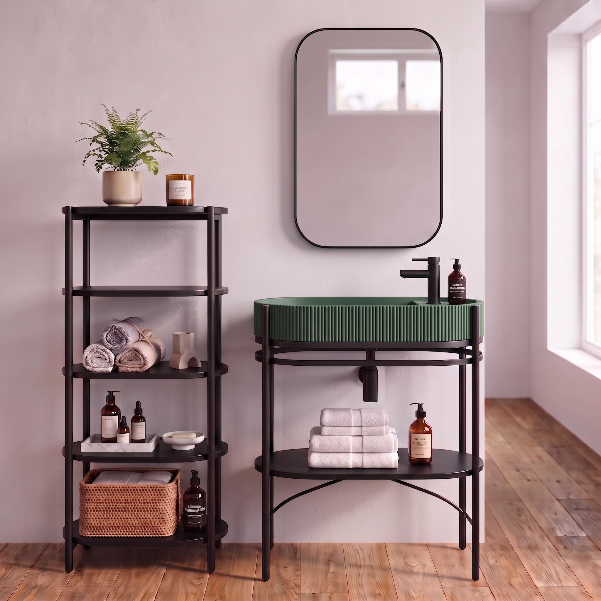 Meuble simple vasque sur pieds 80cm en métal noir et vasque béton  et robinet noir
