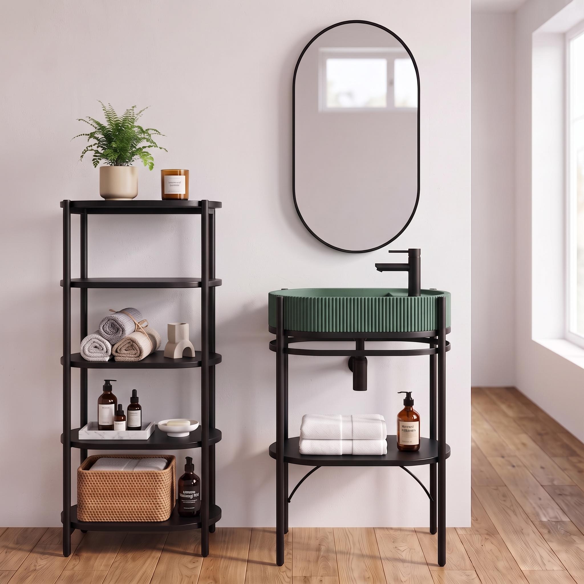 Meuble simple vasque sur pieds 55cm en métal noir et vasque béton  et robinet noir