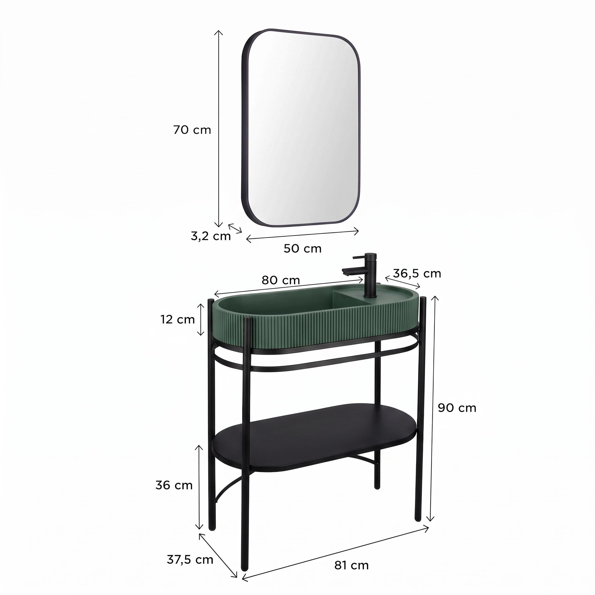 Meuble simple vasque sur pieds 80cm en métal noir et vasque béton  et robinet noir et miroir