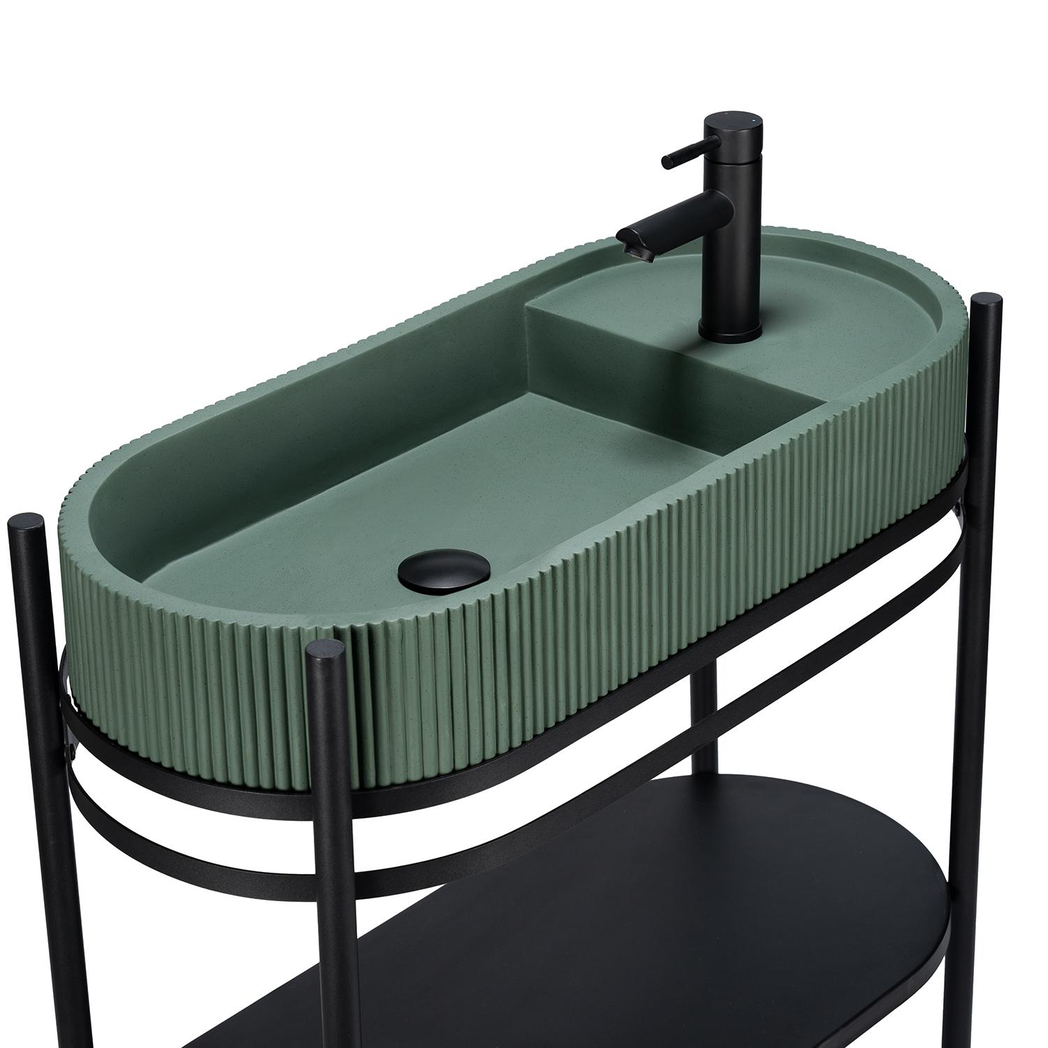 Meuble simple vasque sur pieds 80cm en métal noir et vasque béton  et robinet noir et miroir