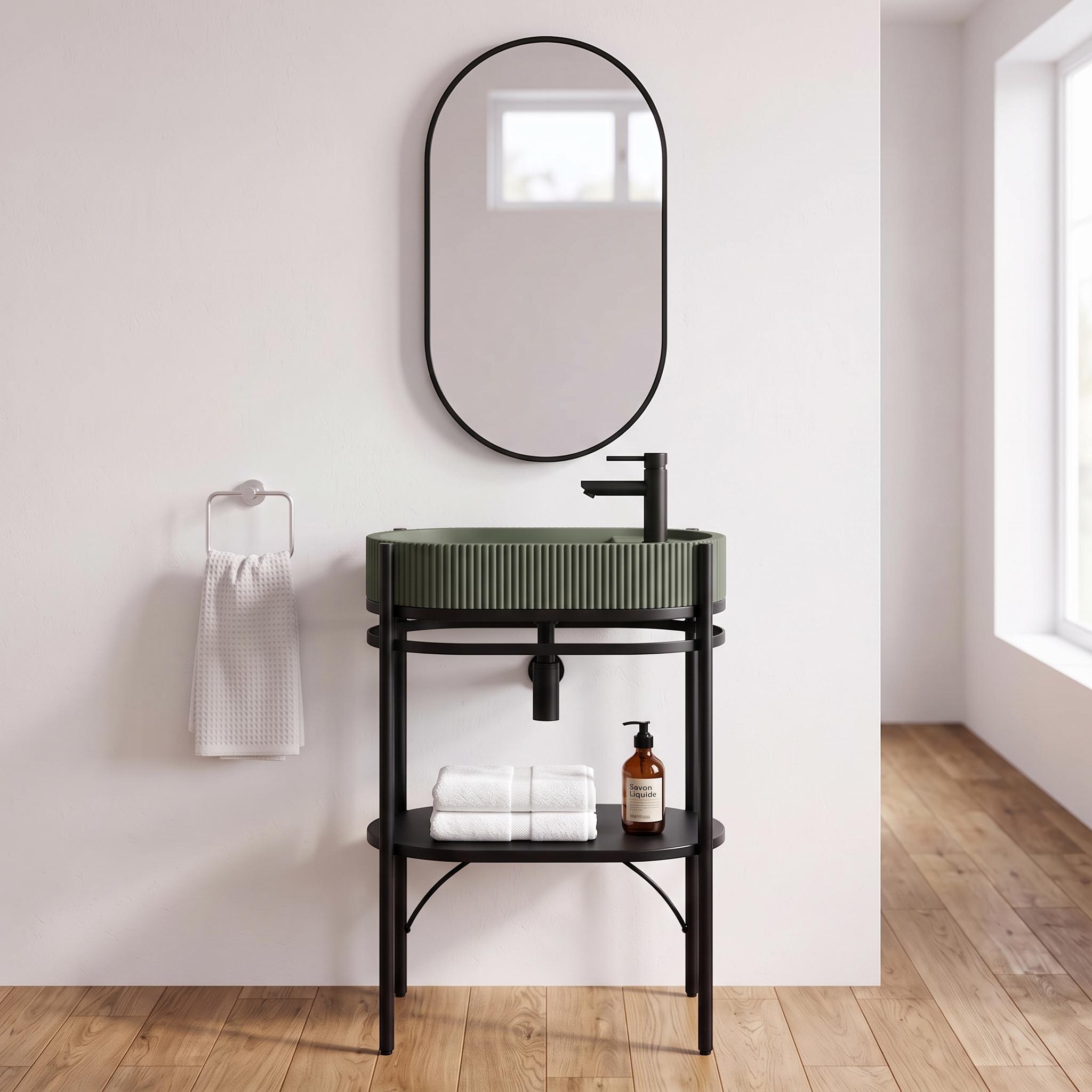 Meuble simple vasque sur pieds 55cm en métal noir et vasque béton  et robinet noir et miroir