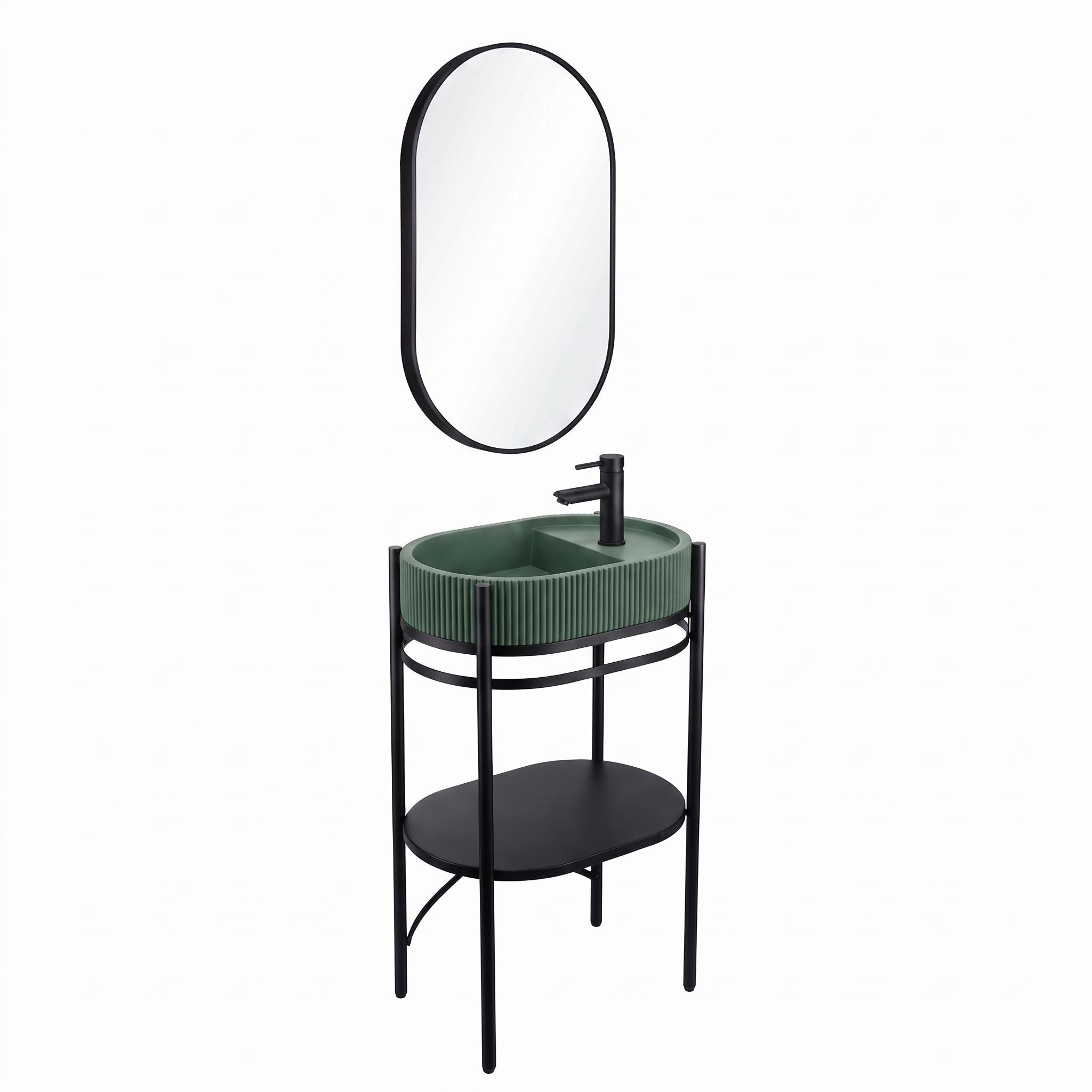 Meuble simple vasque sur pieds 55cm en métal noir et vasque béton  et robinet noir et miroir