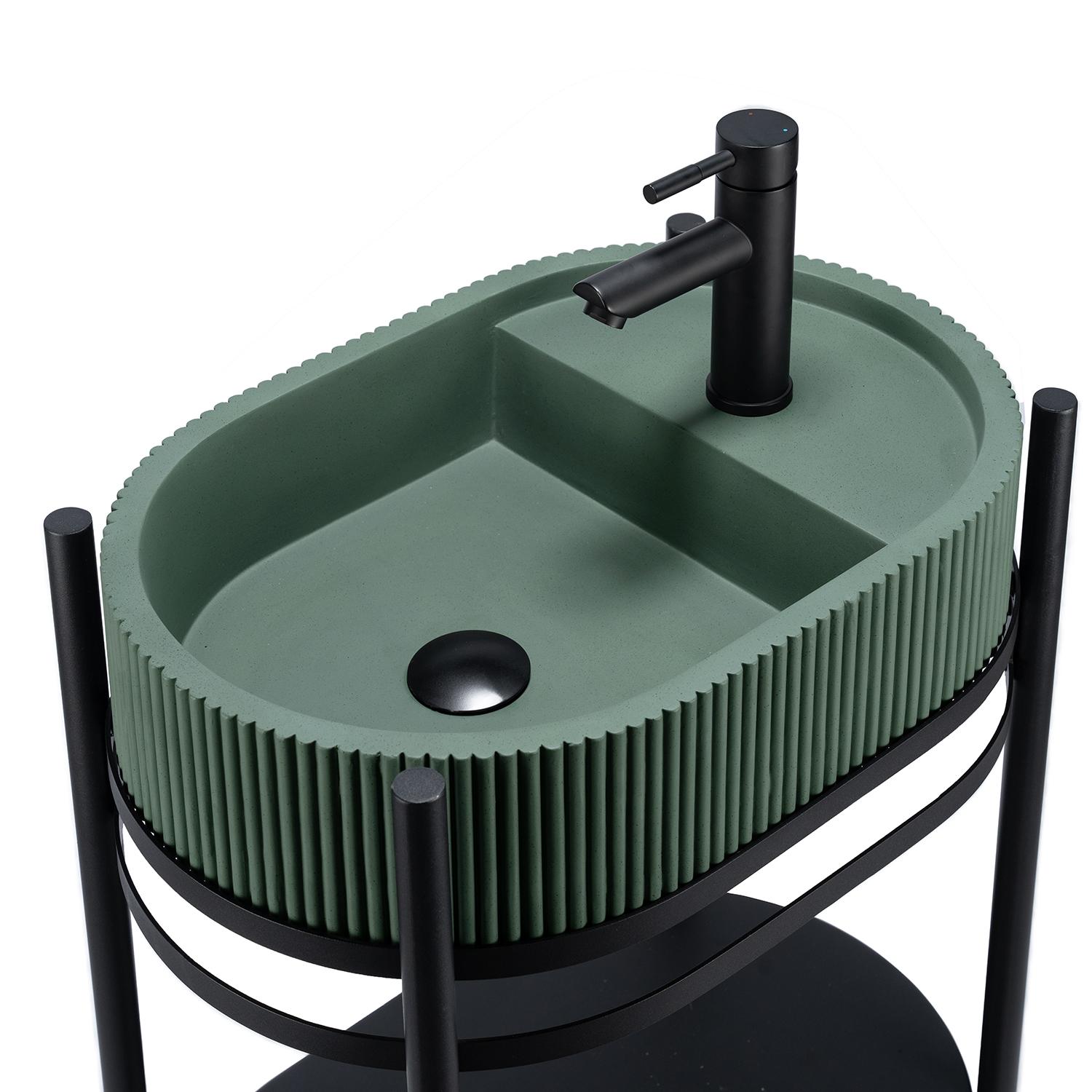 Meuble simple vasque sur pieds 55cm en métal noir et vasque béton  et robinet noir et miroir