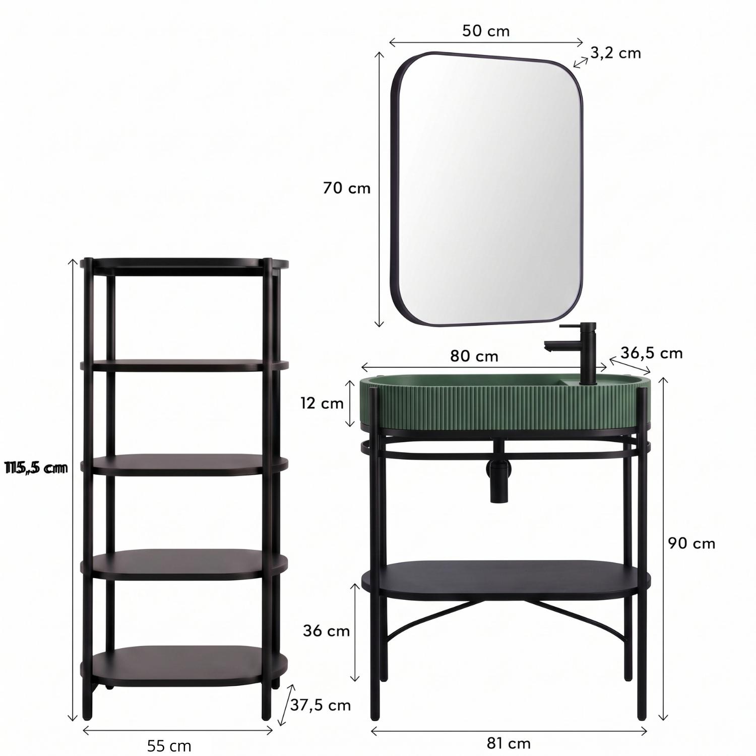 Meuble simple vasque sur pieds 80cm en métal noir et vasque béton  et robinet noir, miroir et colonne
