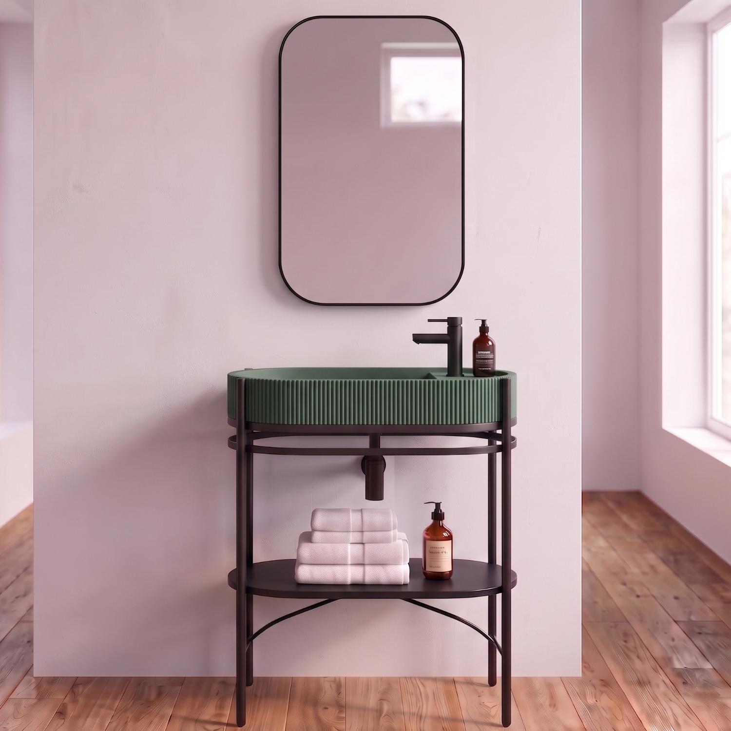 Meuble simple vasque sur pieds 80cm en métal noir et vasque béton  et robinet noir, miroir et colonne