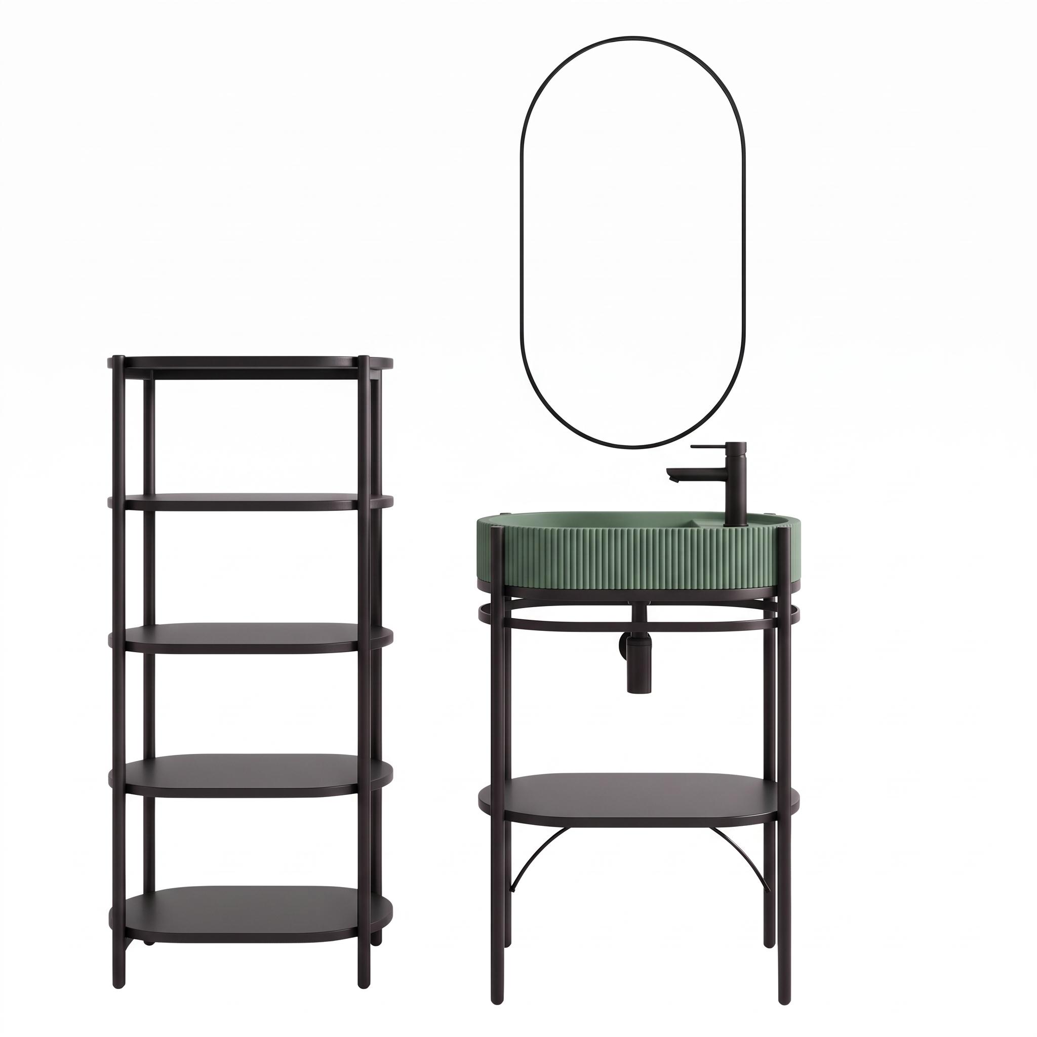 Meuble simple vasque sur pieds 55cm en métal noir et vasque béton  et robinet noir, miroir et colonne