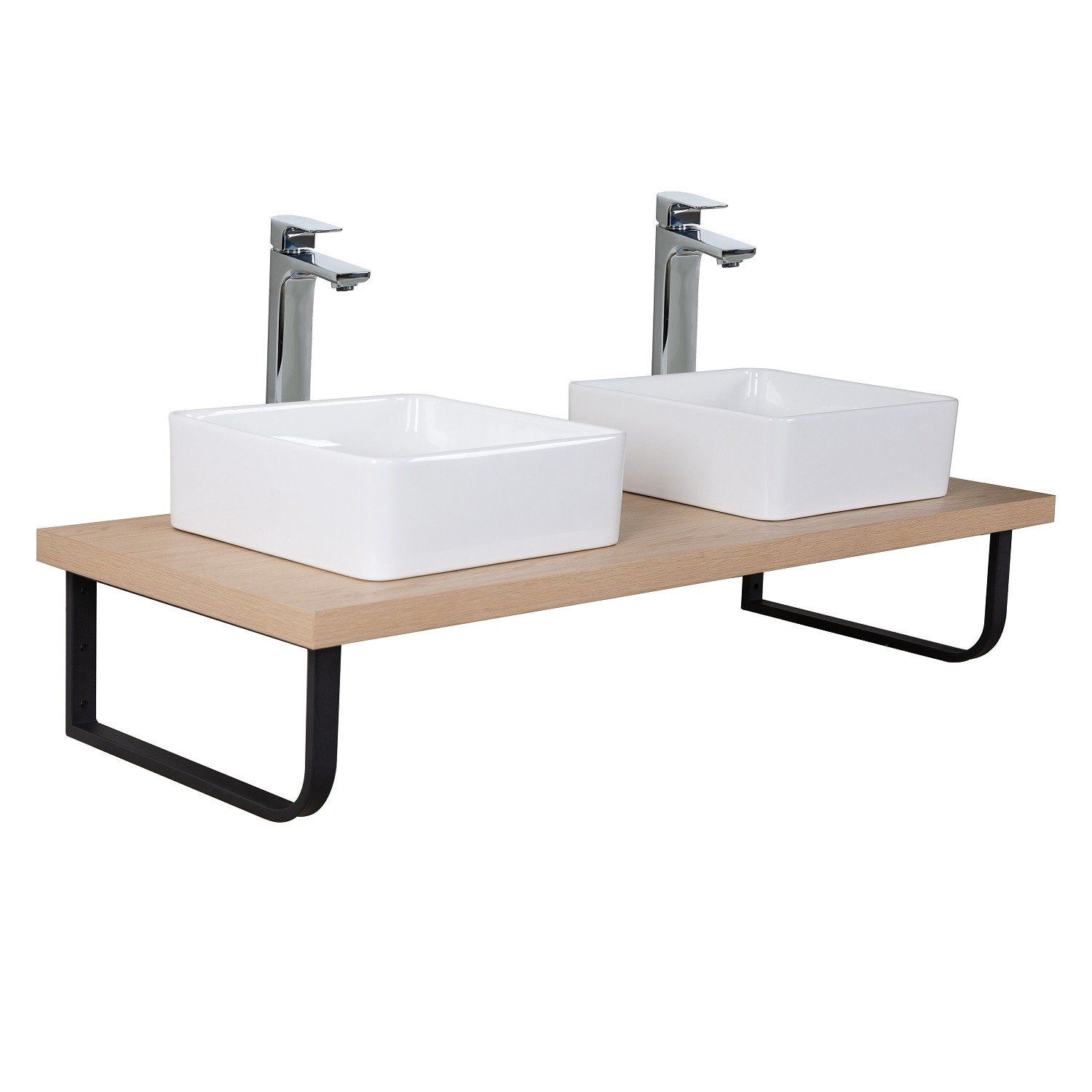 Plan de toilette suspendu pour vasque WILL - 120 cm + Equerres Métal Noir Mat - Décor Chêne / Effet 