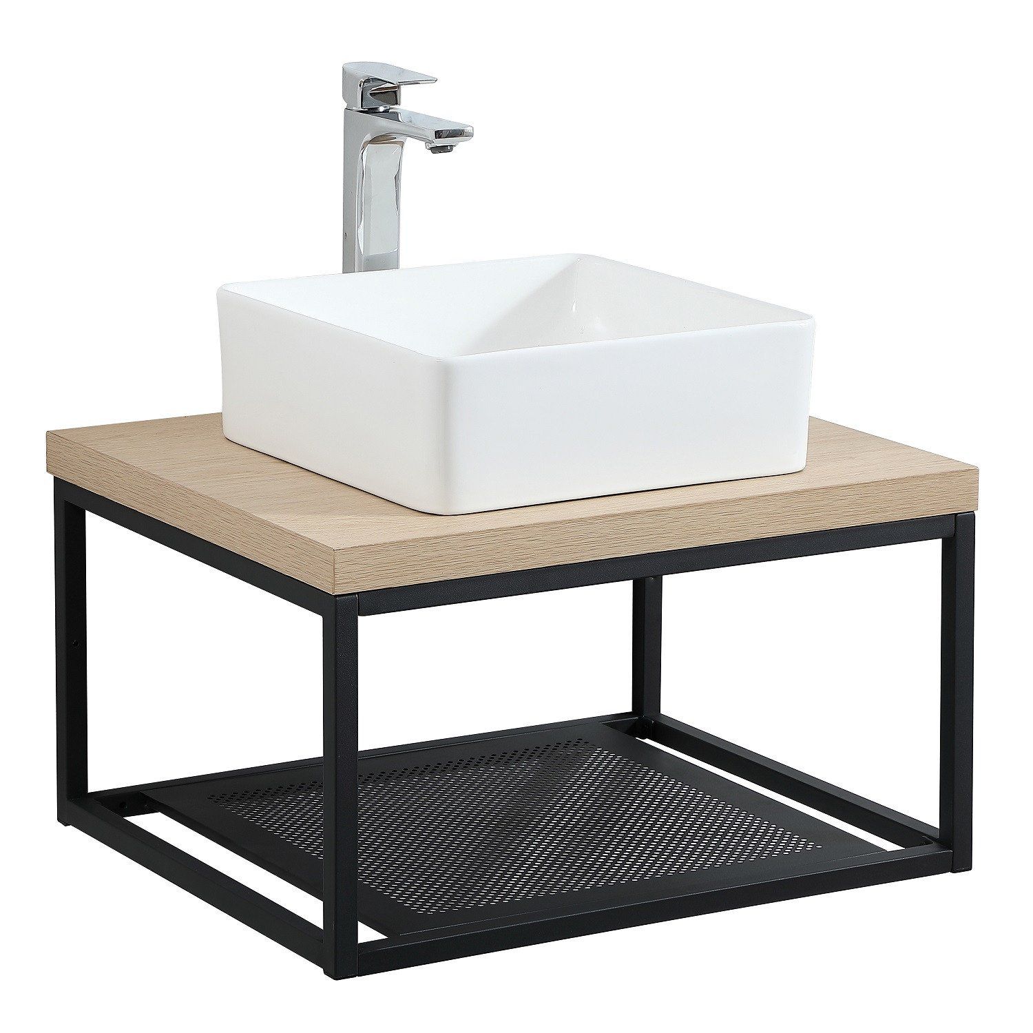 Plan de toilette suspendu pour vasque WILL - Ep. 12 cm L60 cm + Structure Métal Noir Mat - Décor Chê
