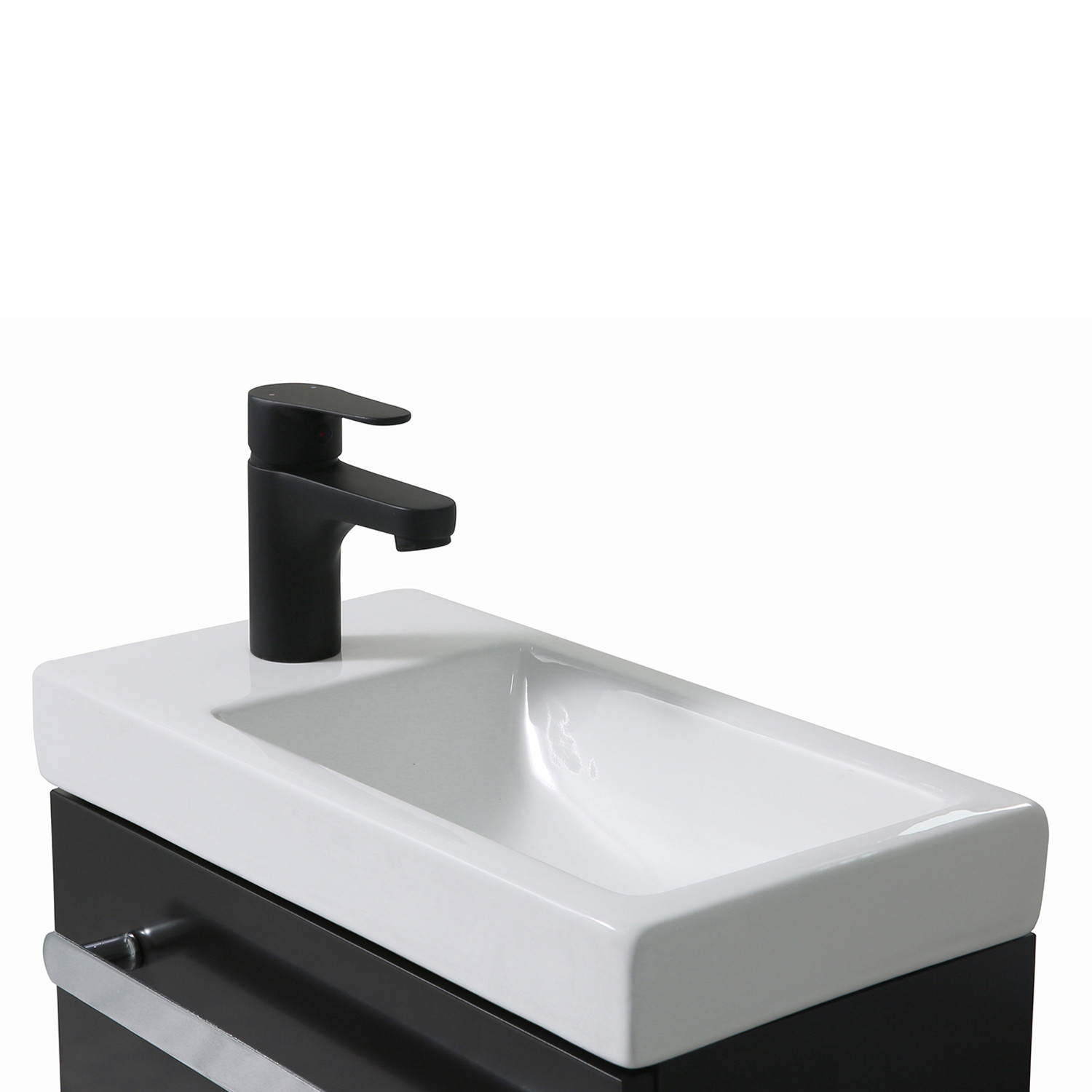 Meuble lave mains noir carbone NEVADA avec robinet noir et miroir tablette blanche