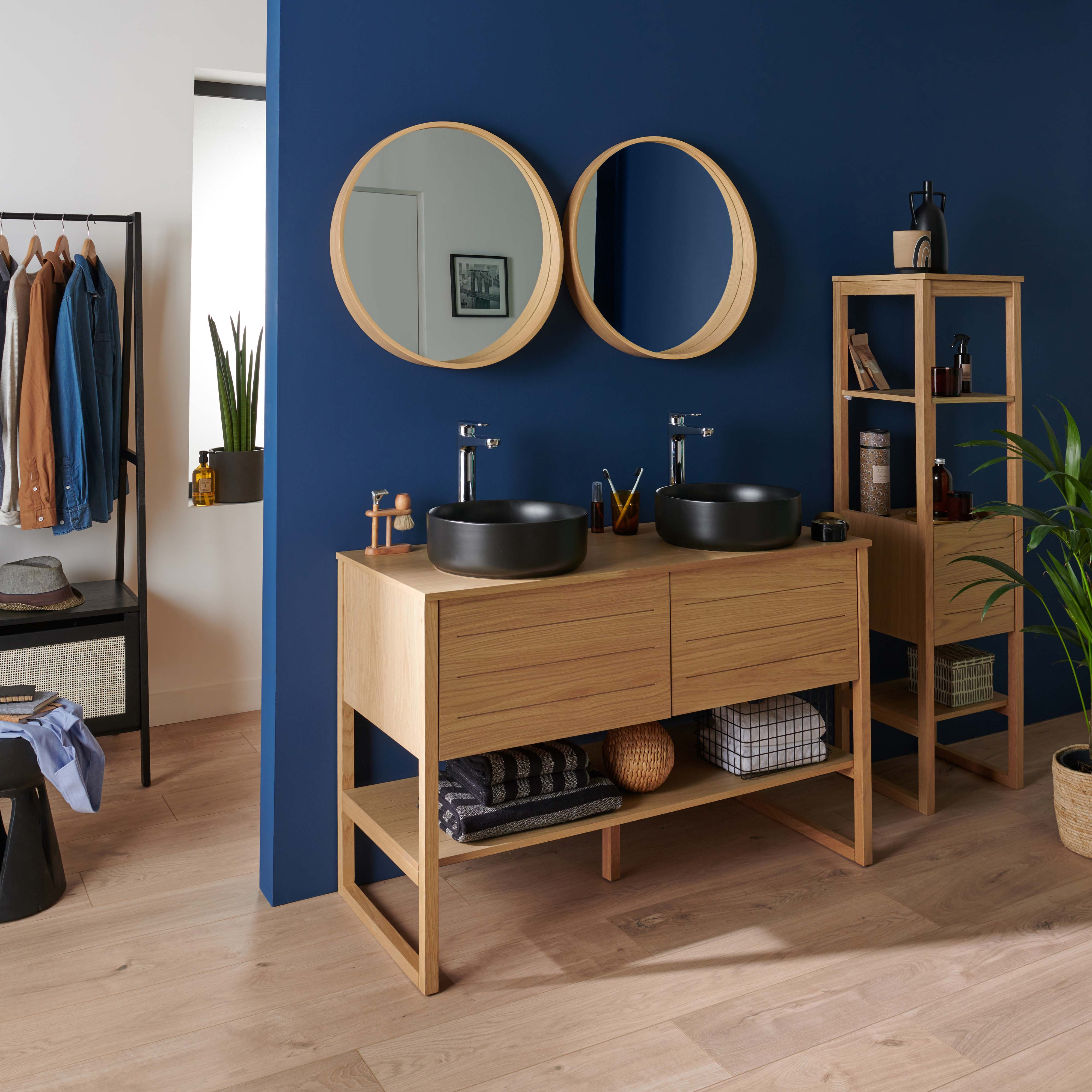 Meuble de Salle De Bain Chêne 120 cm + Colonne ATOLL + 2 Miroirs ronds 60 cm + 2 Vasques rondes noires 37 cm
