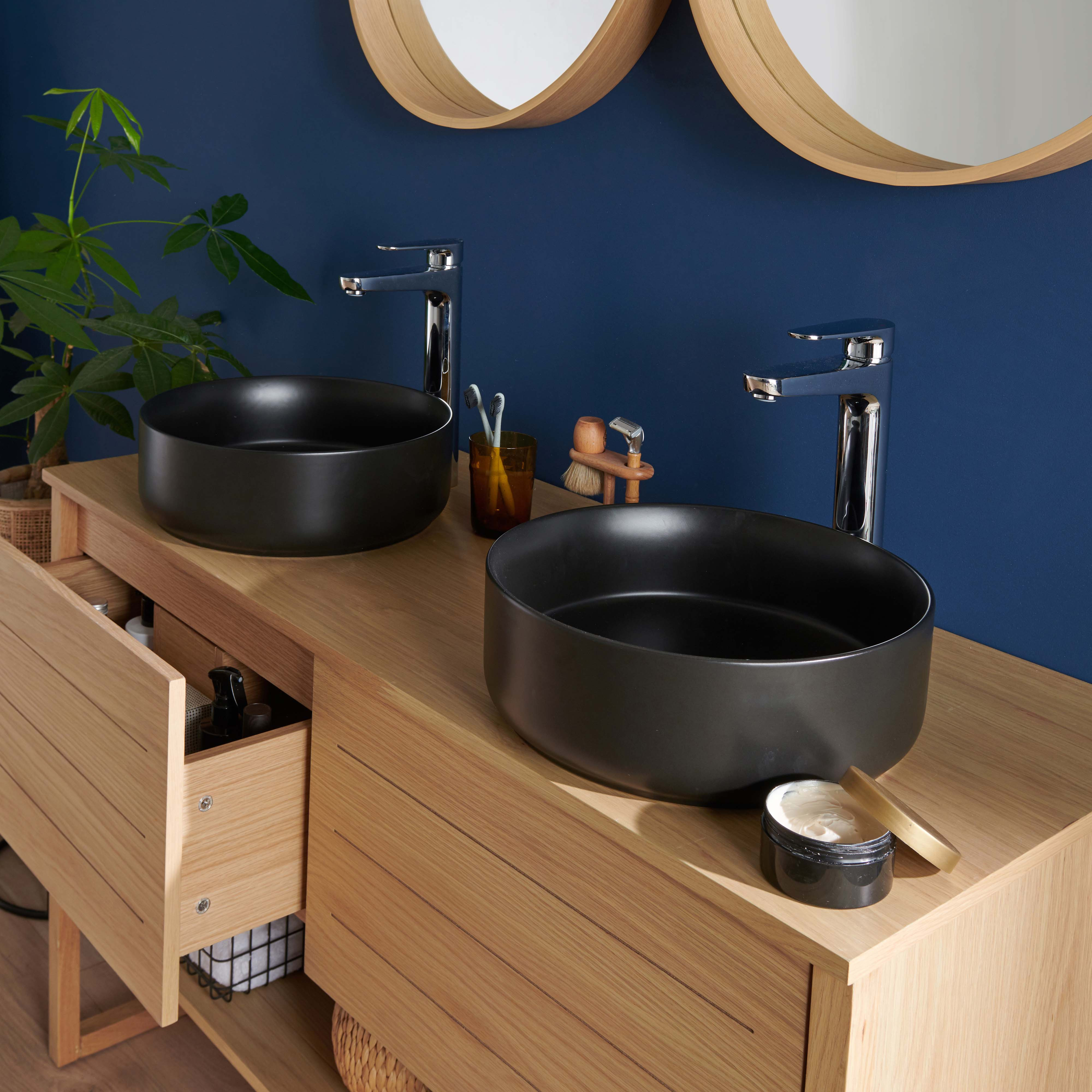 Meuble de Salle De Bain Chêne 120 cm + Colonne ATOLL + 2 Miroirs ronds 60 cm + 2 Vasques rondes noires 37 cm
