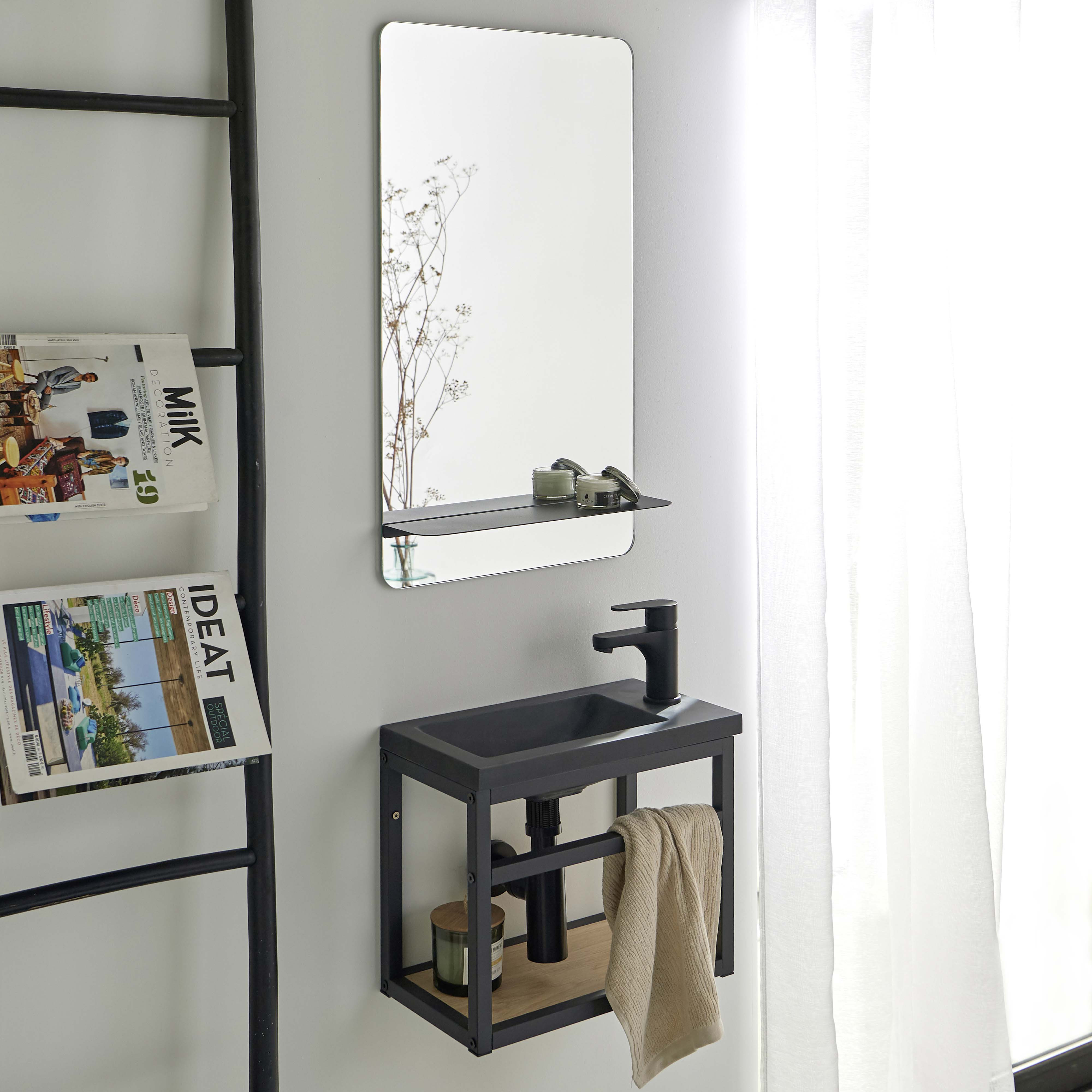 Meuble lave-mains Métal Noir SAO + robinet noir  + miroir tablette noire