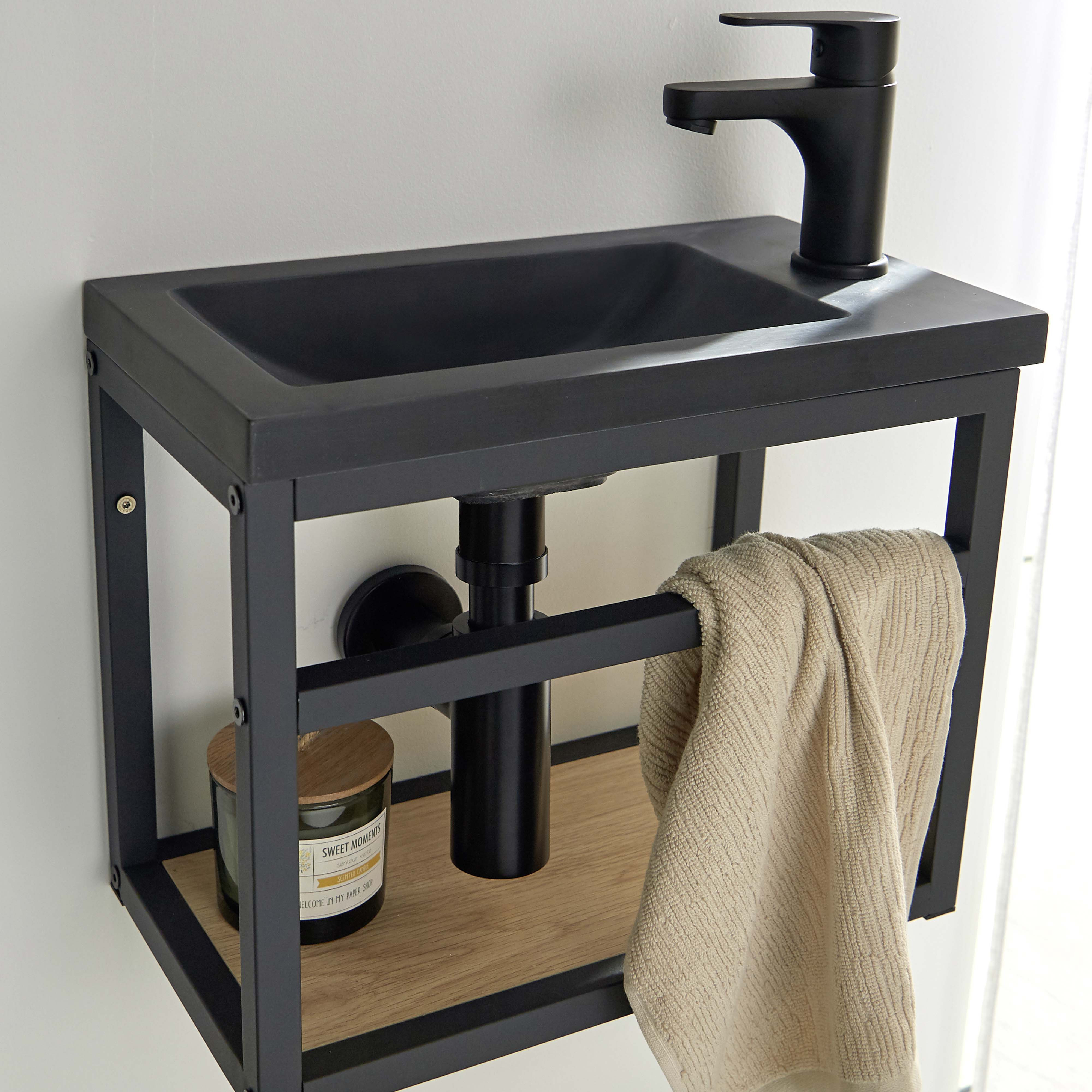 Meuble lave-mains Métal Noir SAO + robinet noir  + miroir tablette noire