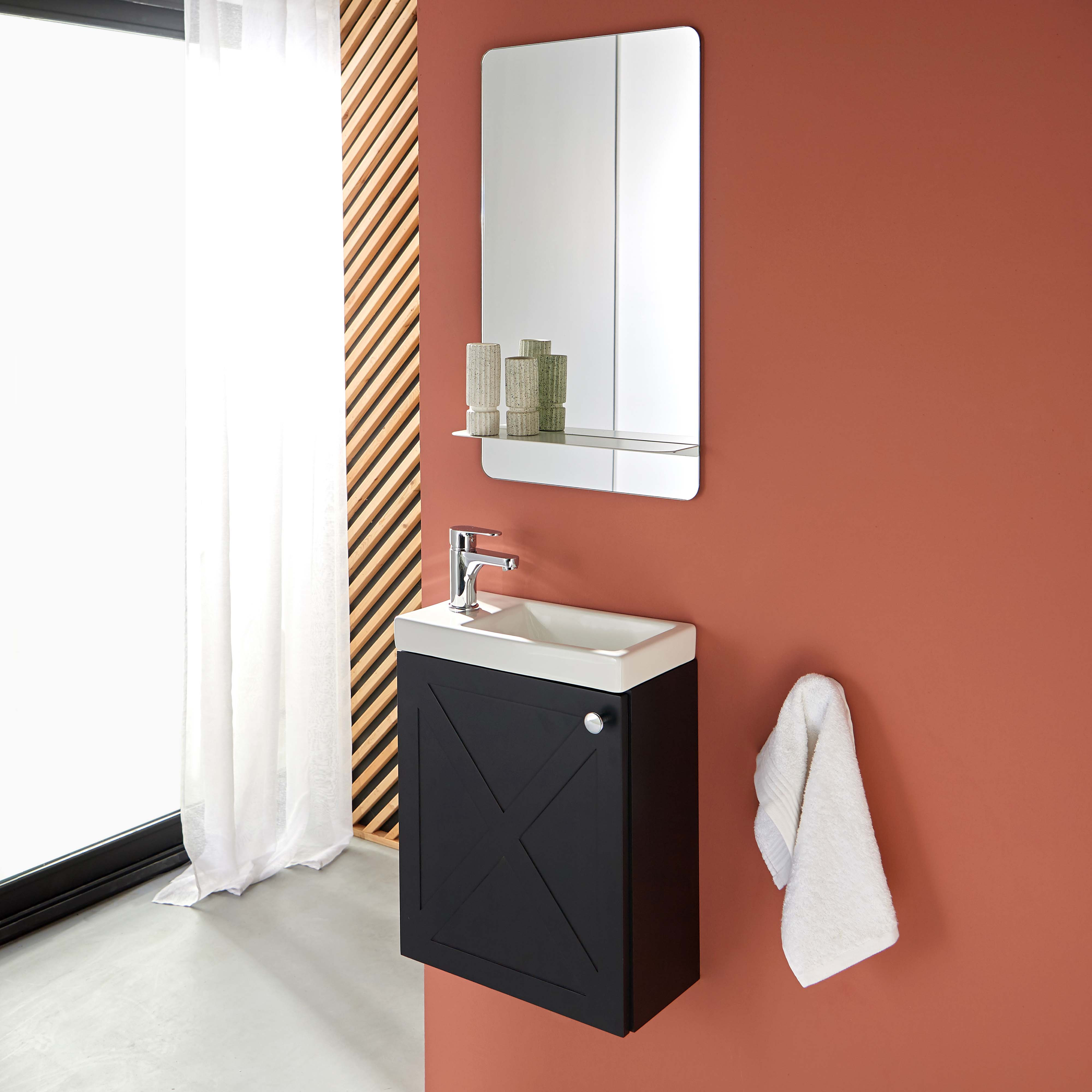 Meuble lave-mains noir carbone AVA avec miroir tablette blanche