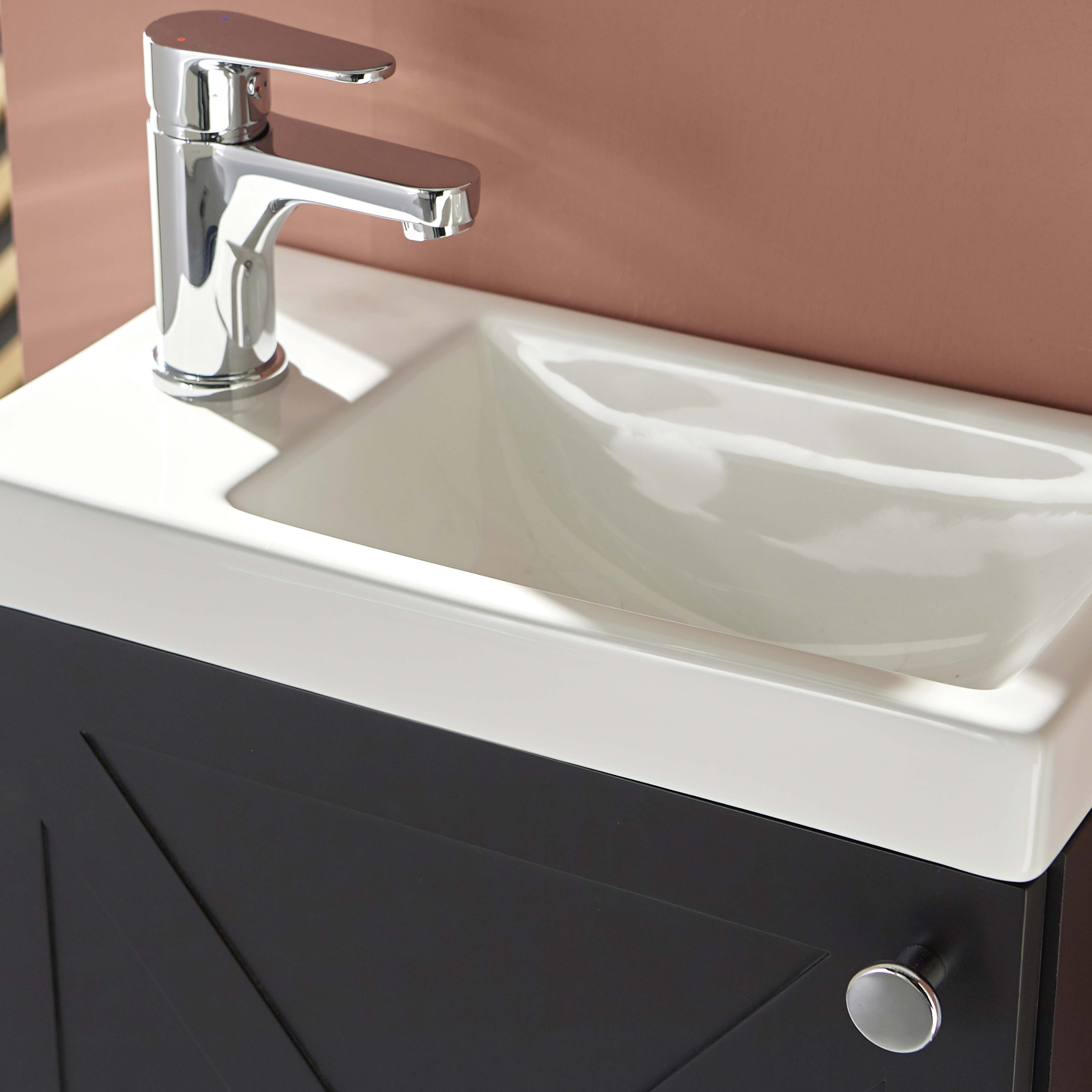Meuble lave-mains noir carbone AVA avec miroir tablette blanche