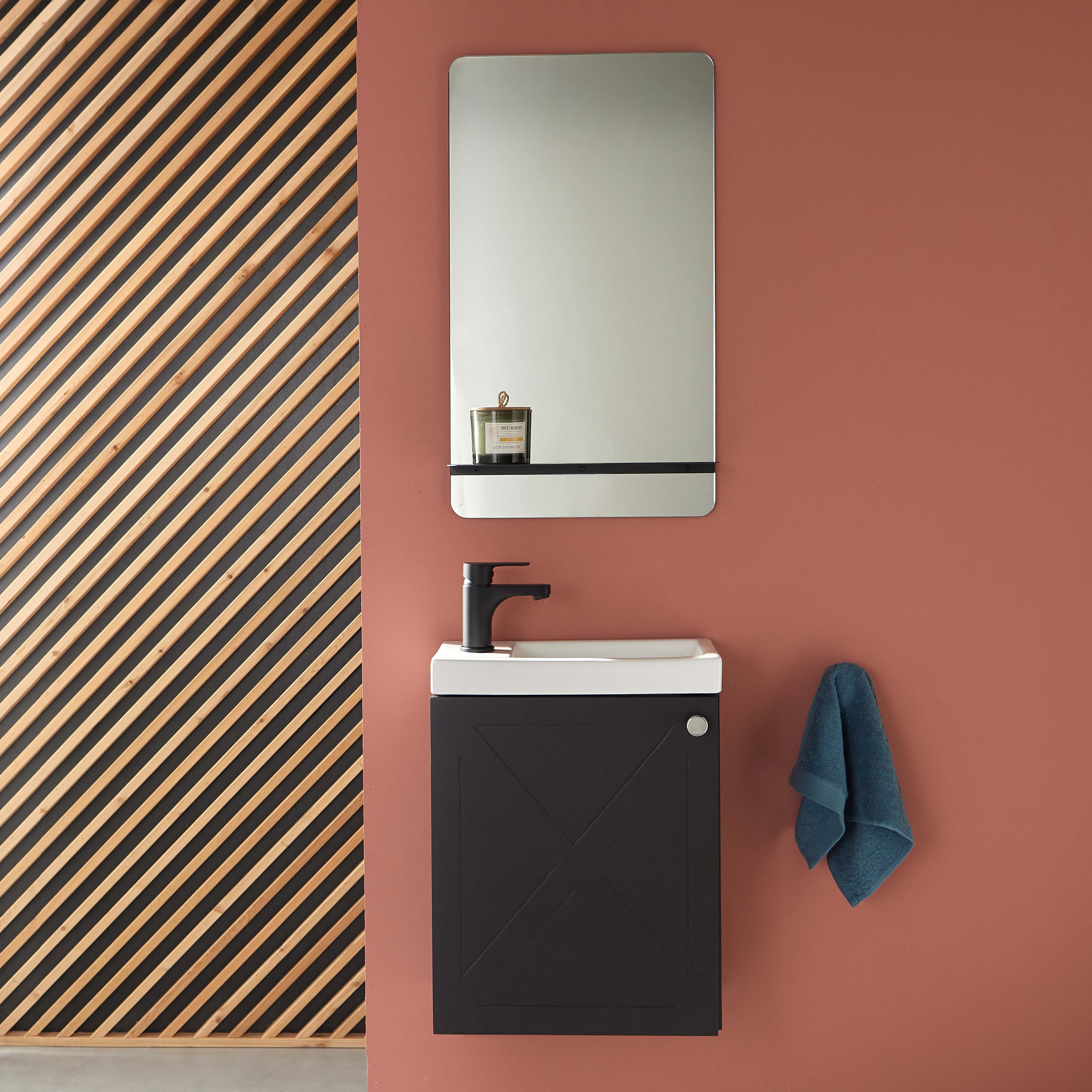 Meuble lave-mains noir carbone AVA avec miroir tablette noire