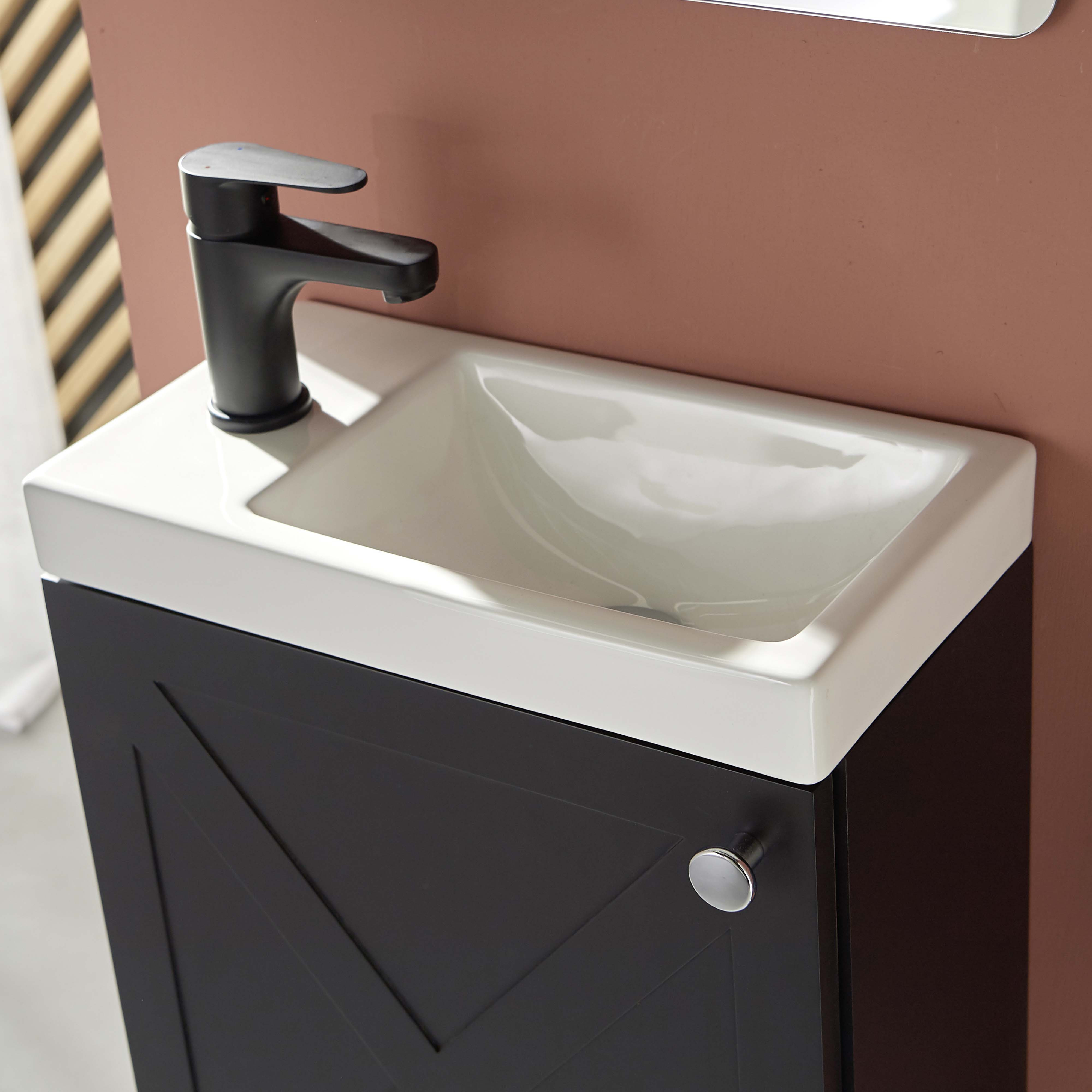 Meuble lave-mains noir carbone AVA avec miroir tablette noire