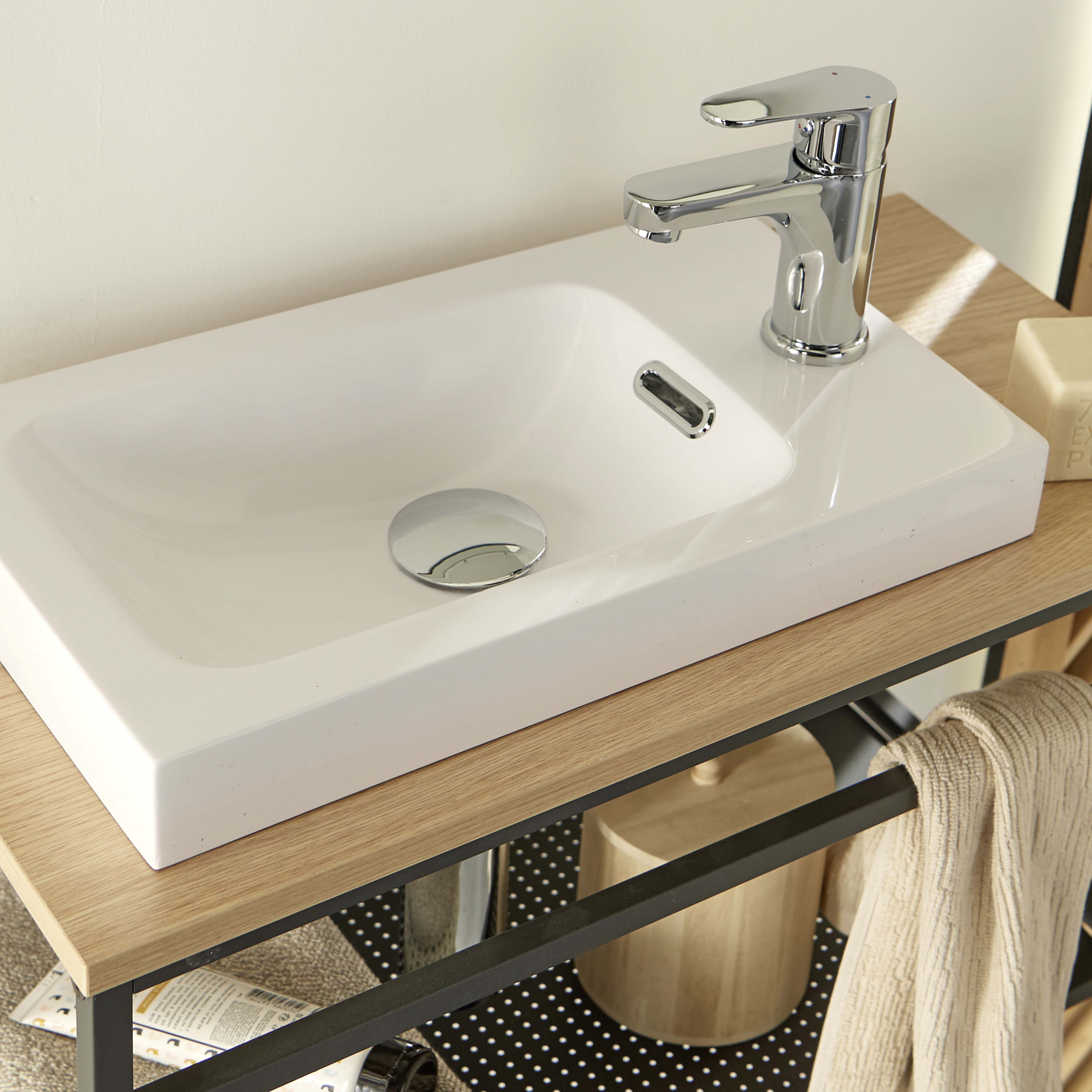 Meuble lave-mains Bois et Métal vasque Blanche WILL + robinet chromé + miroir