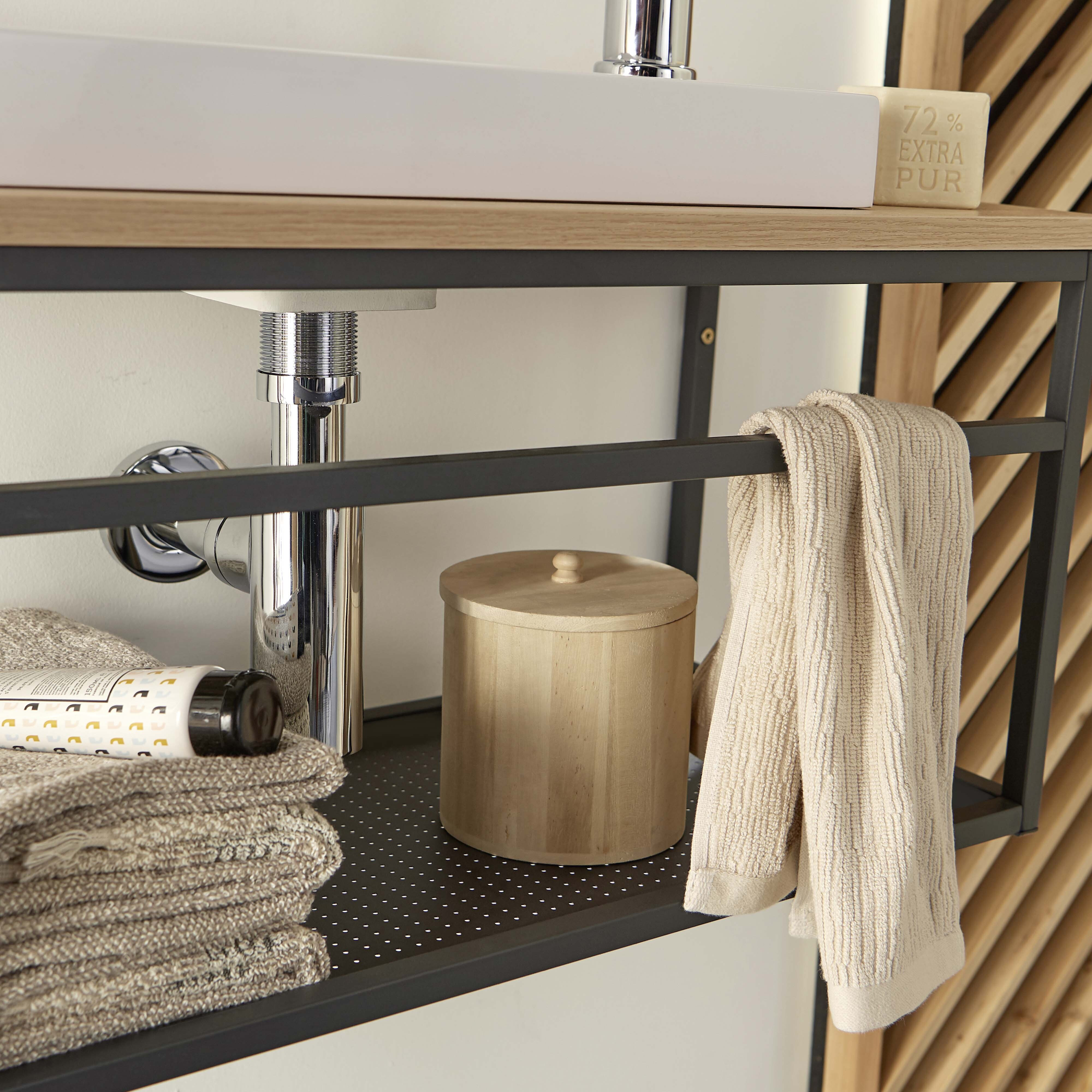 Meuble lave-mains Bois et Métal vasque Blanche WILL + robinet chromé + miroir