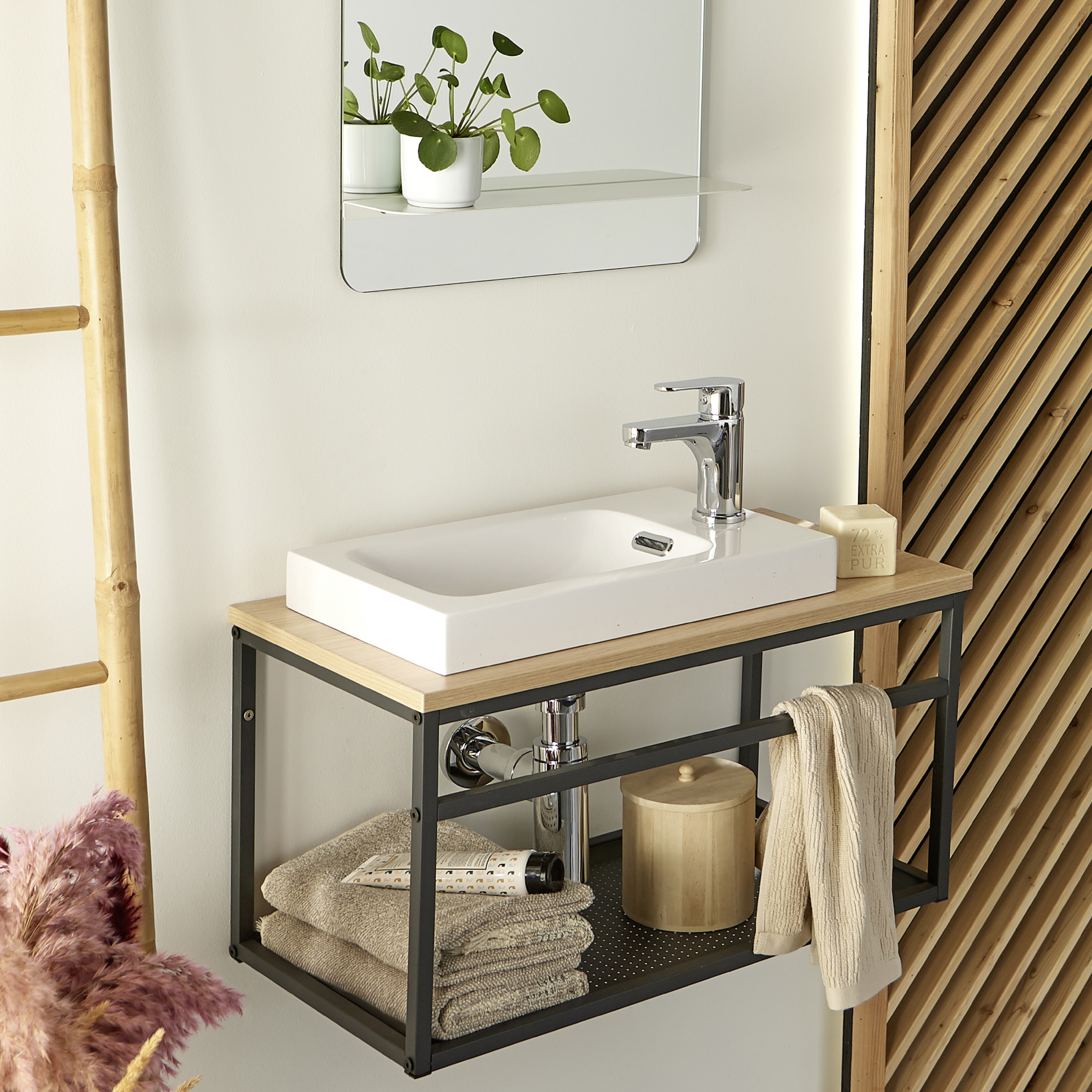 Meuble lave-mains Bois et Métal vasque Blanche WILL